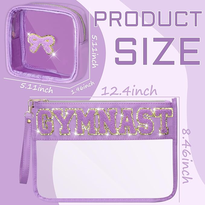 2 Pcs Gymnastics Gifts Cosmetic Makeup Bag with Chenille Letter Patch, Clear Pouch PVC Organizer Purse, Waterproof Travel Bag, Portable Toiletry Storage Bag for Her Girls Friends Women