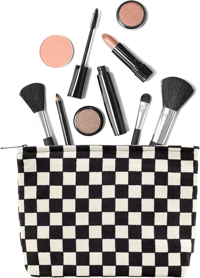 PAZIMIIK Makeup Bag Large Zipper Corduroy Make Up Pouch for Purse Travel Canvas Cosmetic Organizer for Women Brush Storage,Checkered Black