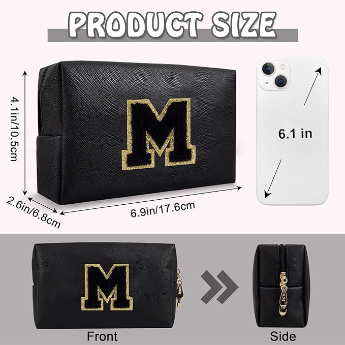 Small Travel Initial Preppy Makeup Bag, Personalized Black Cute Cosmetic Zipper Pouch Chenille Letter Travel Toiltery Bag, Waterproof PU Leather Makeup Case Storage Gift for Mom Women Female(Letter M)