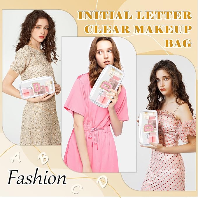 Personalized Initial Letter Clear Makeup Bag,Preppy Small Nylon&PVC Cosmetic Zipper Bag with Chenille Letter,Travel Skincare Toiletry Bag,Monogram Christmas Gift for Teen Girls Women,D