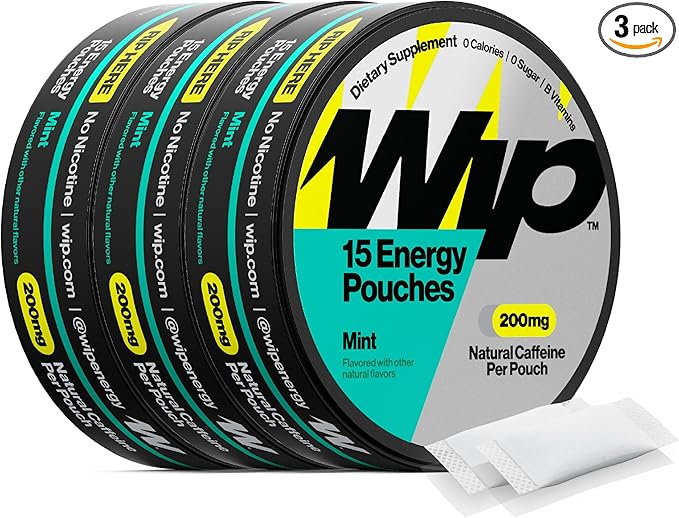 Wip Energy Pouches | 200mg Natural Caffeine | Vitamins and Minerals | Mint | 15 Pouches Per Can | 3 Cans