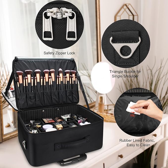 Relavel Extra Large Makeup Case Rolling Travel Train Case with 360° Spinner Wheels, 3 Layer with Insulation Compartment & Four Clear Storage Bags, Professional Makeup Artist Bag Set, Black