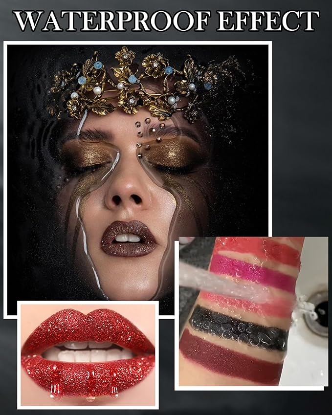Diamond Glitter Matte Lipstick, Gothic Shiny Lip Gloss, Wine Red Sparkling High Pigment Longlasting Waterproof Smudgeproof Non-Stick Lipstick, Bold Shimmer Lip Blam for Women Lip Makeup-07
