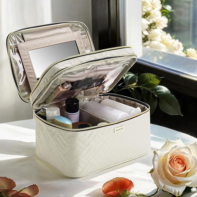 8.8L Double Layer Travel Makeup Bag With Mirror For Women, Large Cosmetic Case, Organizer for Travel-Size Accessories Bottles, Brushes,and Skin Care Products, 2.33 GAL, Beige