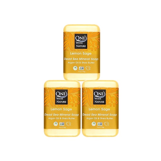 One With Nature Dead Sea Salt Lemon Sage Soap 4oz 3-Pack – Purifying and Exfoliating Soap Bar with Dead Sea Minerals for Face & Body, for Men & Women
