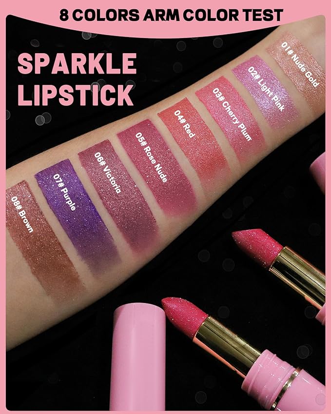 Glitter Metallic Brown Shimmer Lipstick Long Lasting, Glitter Diamond Shine Nude Red Lipstick Transfer Proof Non-Stick Lip Gloss Shimmer Highly Pigmented Full Coverage Lip Makeup for Women-08