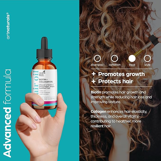 artnaturals Biotin Collagen Hair Oil 4.0oz - Growth Promoting Volumizing Formula - Reduce Hair Loss, Strengthens and Nourishes Hair - Controls Frizz & Improves Manageability