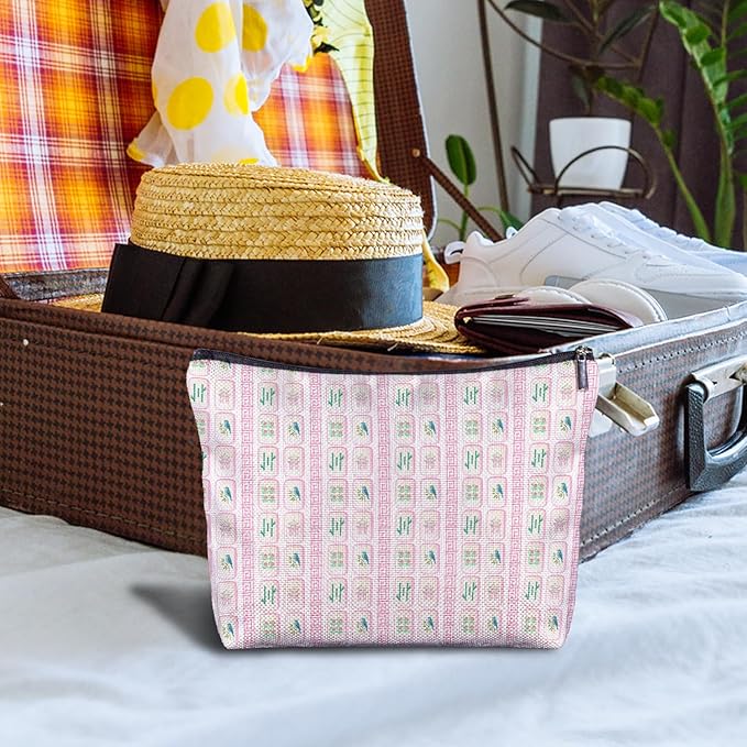 Pink Chinoiserie Mahjong Makeup Bag, Mahjong Gifts for Women Cosmetic Bags, Gifts for Mah Jong Players Lovers Makeup Zipper Pouch
