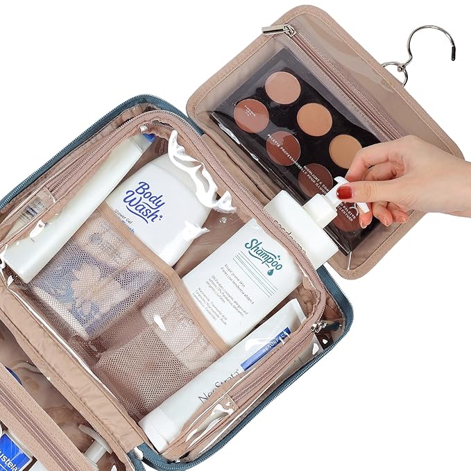 NISHEL Travel Toiletry Bag for Women Large Capacity, Makeup Essentials Organizer, Hanging Case for Accessories, Cosmetics, Lake-Blue