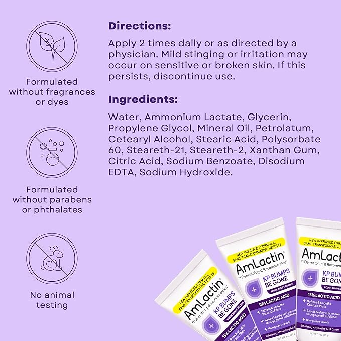 AmLactin KP Bumps Be Gone - Therapeutic Body Cream for Keratosis Pilaris - No-Scrub Exfoliator and Moisturizer with 15% Lactic Acid AHA, 3 oz (Packaging May Vary)