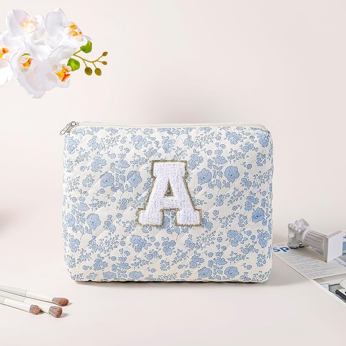 JOVAKIT Alphabet Makeup Bag Cosmetic Bag for Women, Christmas Gifts for Girls Age 6-18, Floral Flowers Coquette Travel Toiletry Zipper Make Up Pouch Organizer Trendy Stuff (2Pcs Blue Floral A)