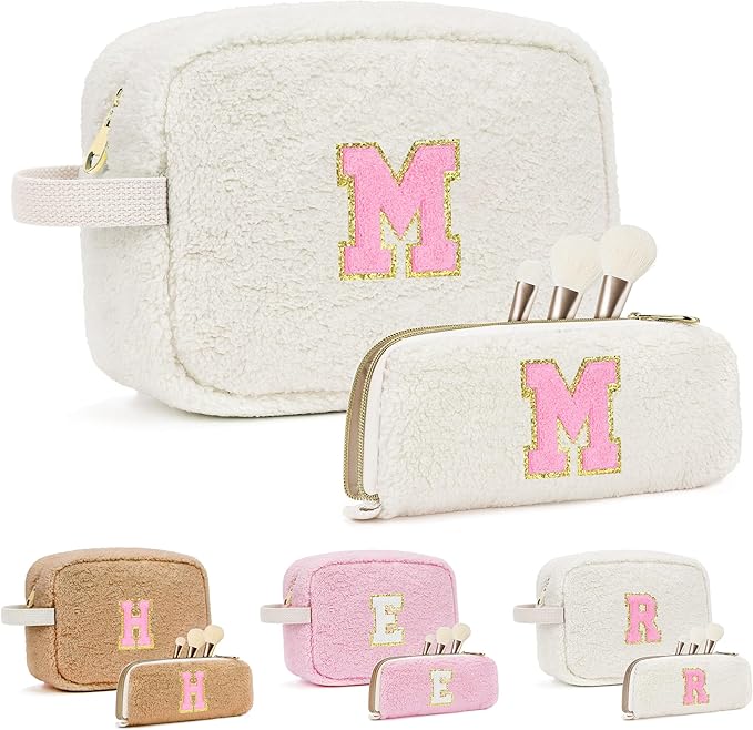 for Christmas Day Gifts, Travel Makeup Bag for Women, Initial Make Up Bag Set for 6 7 8 9 10 11 12 13 Years Old Kids Tween Girls, Large Cosmetic Skincare Bags for Birthday Gifts, White M