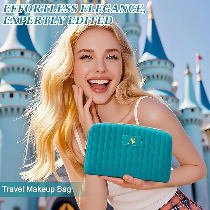Monogrammed Make Up Bags for Women,Personalized Cosmetic Bags Women,Small Quilted Makeup Pouch,Cute Makeup Bag Travel,Birthday Gifts for Teen Girl (Blue A)