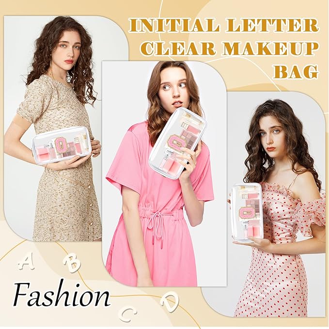 Personalized Initial Letter Clear Makeup Bag,Preppy Small Nylon&PVC Cosmetic Zipper Bag with Chenille Letter,Travel Skincare Toiletry Bag,Monogram Christmas Gift for Teen Girls Women,O