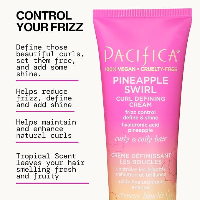 Pacifica Beauty Curl Cream for Curly Hair - Pineapple Swirl Curl Defining Cream - Hair Styling Product for Curly, Wavy, Coily & Curly Hair 1.4 FZ