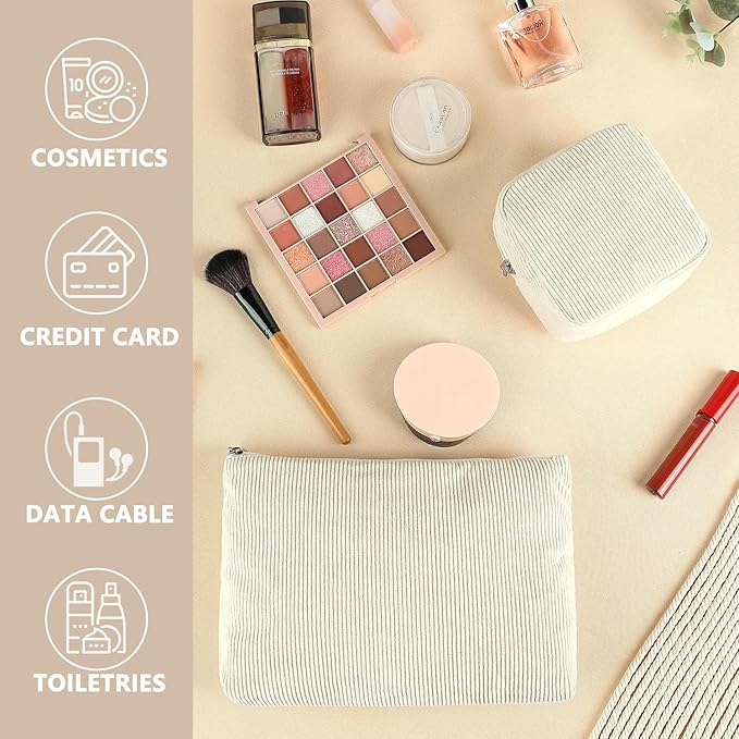 Corduroy Makeup Bag, Travel Cosmetic Bag Organizer Toiletry Bag Make Up Bags with Zipper & Compartments for Women Girls, 2PCS