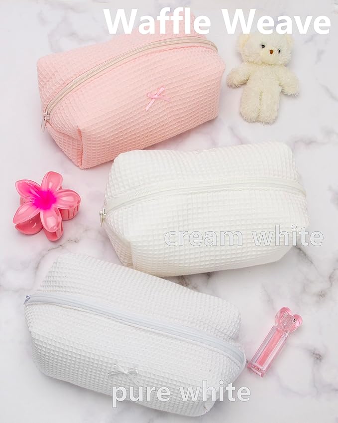 PAZIMIIK 6PCS Cozy Makeup Bag Travel Cosmetic Bag for Women Soft Toiletry Bag Aesthetic Makeup Organizer Portable Large Zipper Pouch for Skincare Beauty Accessories Brushes Waffle Check Cream White