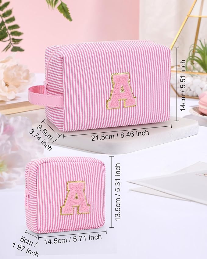 MONSTINA Gifts for Girls Teen Girls-Initial Makeup Bag|Personalized Gifts for Women Friends|Cute Toiletry Make Up Traveling Stuff Organizer 2PCS Pink D