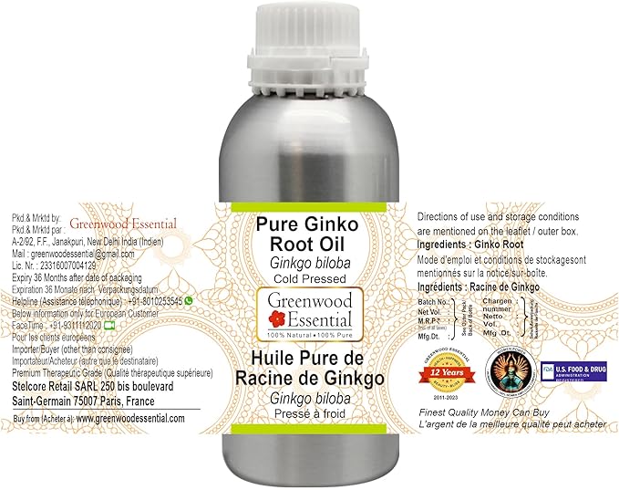 Greenwood Essential Pure Ginko Root Oil (Ginkgo biloba) Natural Therapeutic Grade Cold Pressed 630ml (21 oz)