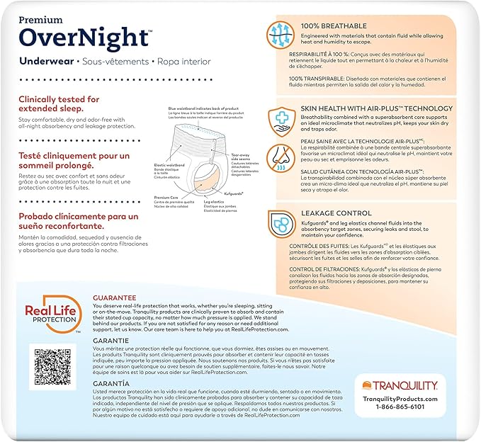 Tranquility Premium OverNight Disposable Absorbent Underwear (22 Count) - XS, 17-28 in. Waist - Maximum Absorbency, All-Night Sleep, Breathable Comfort, 22 Adult Diapers