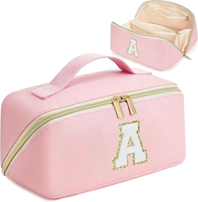 for Christmas Day Gifts, Makeup Bag for Women, PU Leather Travel Toiletry Bags, Initial Make Up Cosmetic Pouch for Teen Girls, Wide Open Portable Skincare Bag, Personalized Birthday Gifts, Pink A