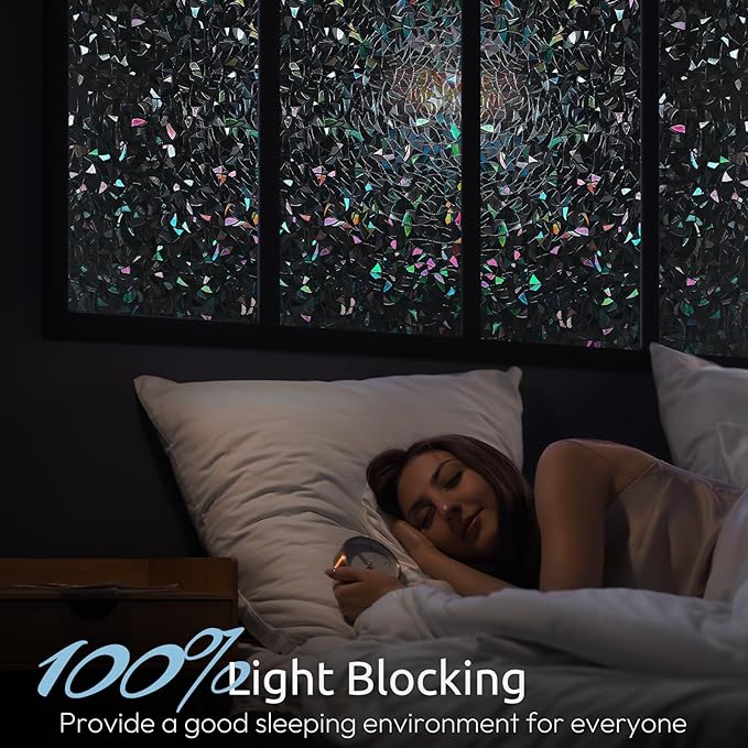 rabbitgoo Window Privacy Film Rainbow Film Decorative Window Sticker, 3D Static Stained Glass Cling Tint for Room Darkening Day Sleep, Black, 35.4 x 78.7 inches