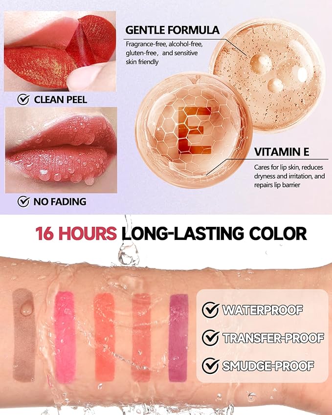 Peel Off Lip Liner Stain, Long Lasting Waterproof Transfer-Proof Lip Tint Stain Peel Off, Non-stick High Pigmented Lip Gloss Lipliner Tattoo, Liquid Tinted Lipstick, Lip Makeup Gift for Women Girl-04
