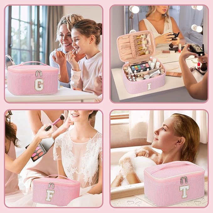OCHEAL Makeup Bag for Women, Monogram Cosmetic Bag with Brush Holder, Pink Travel Makeup Case Beauty Toiletry Bag Organizer Personalized Gifts for Girls Bridesmaid, Sister, Wife, Friends Initial K