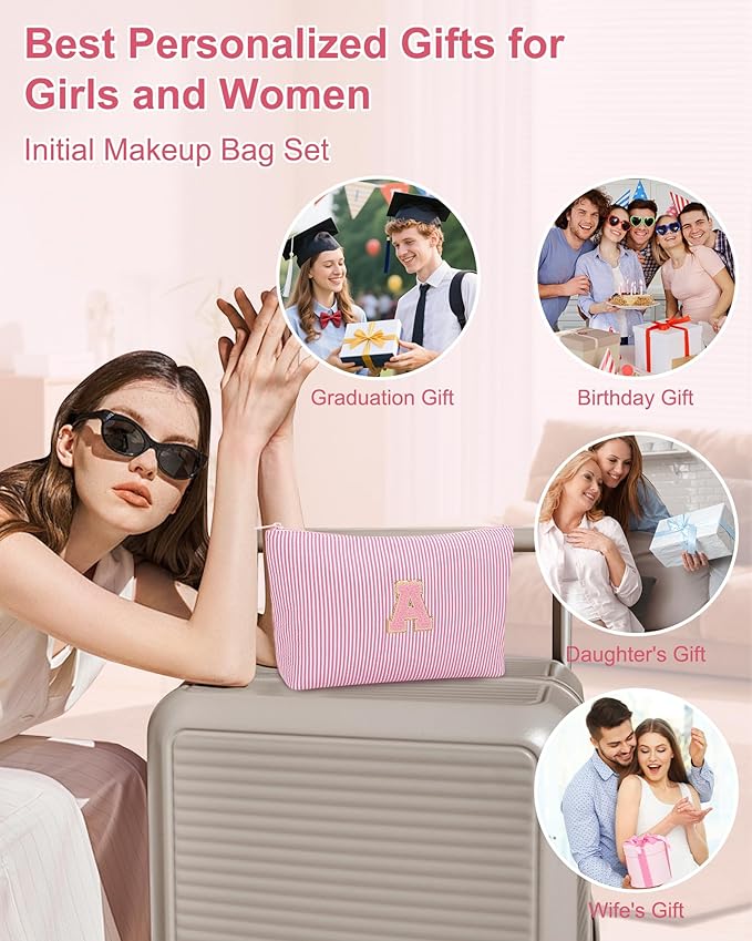 MONSTINA Personalized Initial Makeup Bagfor Women,Make Up Case for Girlfriend Bridesmaid Wife,Birthday Gift for Her Cute Toiletry Bag,3PCS,Pink B