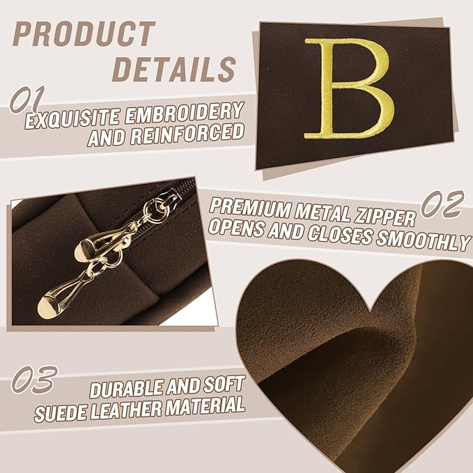 Personalized Initial Makeup Bag,Preppy Suede Cosmetic Bag for Teen Girls,Small Monogram Travel Toiletry Bag With Gold Embroidered Letter,Trendy Stuff Custom Christmas Gift for Women(Coffee-B)