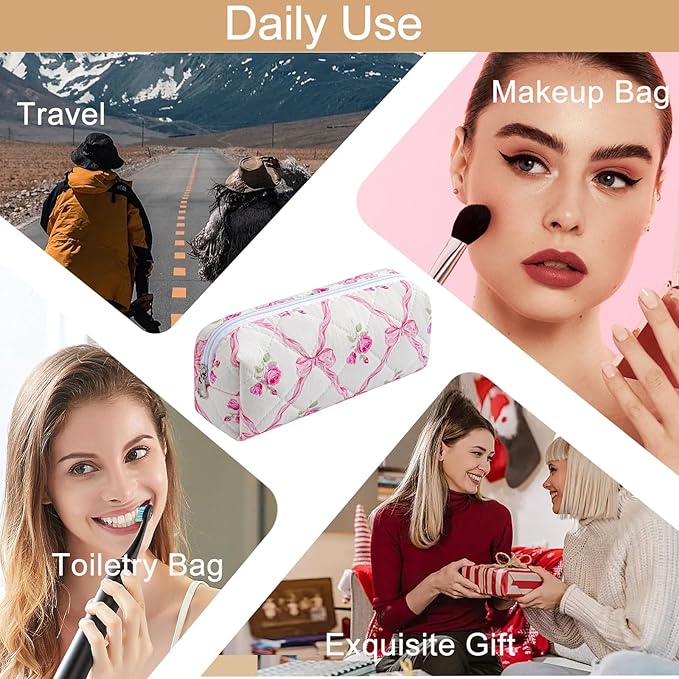 Cute Floral Cotton Makeup Brush Cosmetic Bag for Women, Travel Quilted Zipper Make Up Bag, Flowers Toiletry Organizer Case Kawaii Makeup Cosmetic Travel Cloth Pouch (Pink Bowknot)