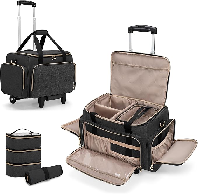 LUXJA Rolling Makeup Case with 3 Removable Pouches and 1 Makeup Brush Bag, Large Makeup Bag Cosmetic Bag with Detachable Dolly (Patented), Black