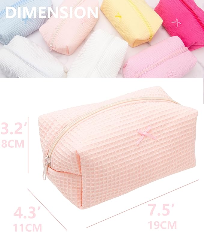 PAZIMIIK 2PCS Cozy Makeup Bag Travel Cosmetic Bag for Women Soft Toiletry Bag Aesthetic Makeup Organizer Portable Large Zipper Pouch for Skincare Beauty Accessories Brushes Waffle Check Light Pink