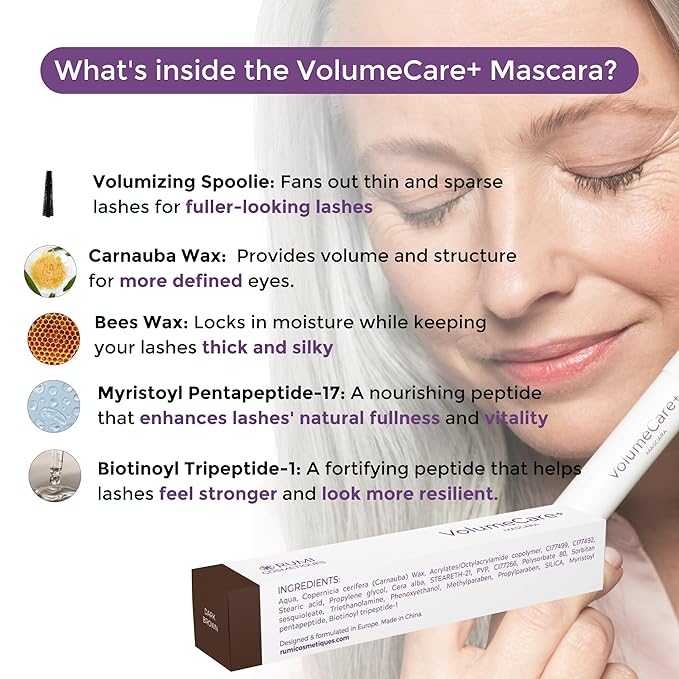 Rumi Cosmetiques VolumeCare+ Mascara For Older Women - Extreme Length and Volume 2-in-1 Formula - No Clumps, Long-Wearing, Hypoallergenic Mascara For Sensitive Eyes (Dark Brown)
