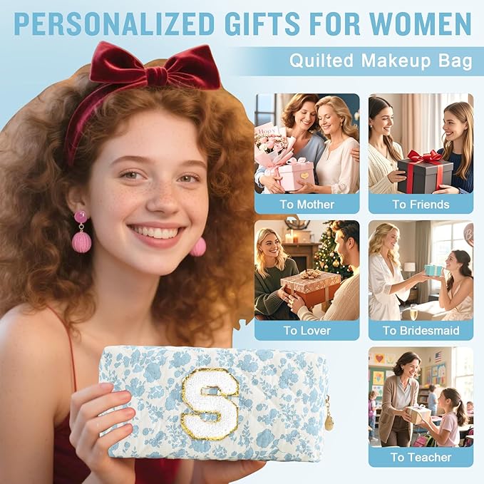 Personalized Quilted Cosmetic Bag, Puffy Monogrammed Christmas Birthday Gifts for Women & Girls, Cute initial Floral Makeup Bag Puffer Coquette Bag, Aesthetic Travel Toiletry Zipper Pouch(Blue,S)