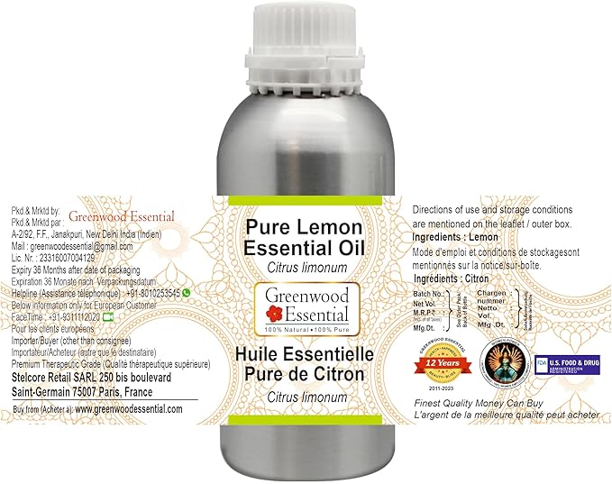 Greenwood Essential Pure Lemon Essential Oil (Citrus limonum) Steam Distilled 1250ml (42.2 oz)