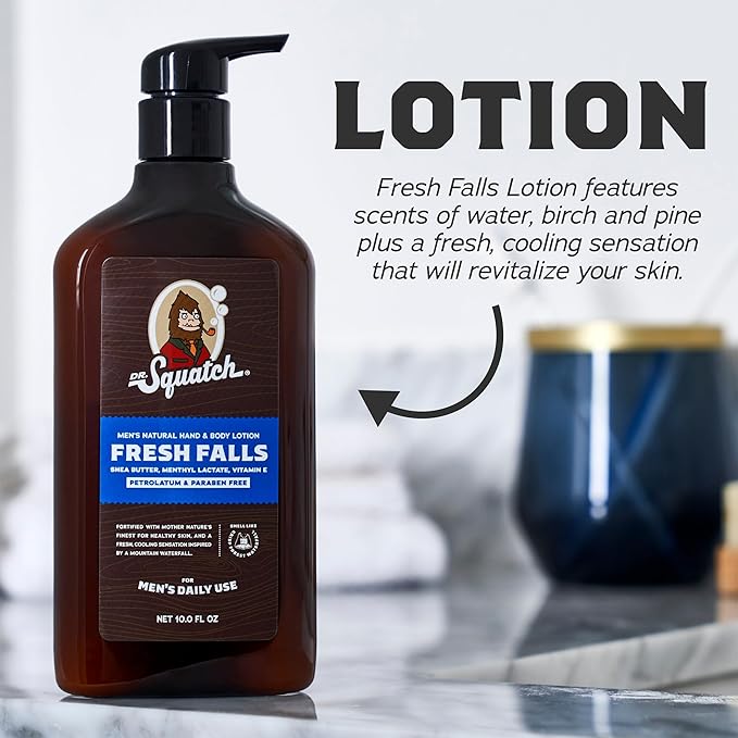 Dr. Squatch Natural Hand and Body Lotion for Men - Made with Shea Butter, Coconut Oil, Vitamin E for 24-Hr Moisturization - Pine Tar & Fresh Falls (10 fl oz, 2-Pack)