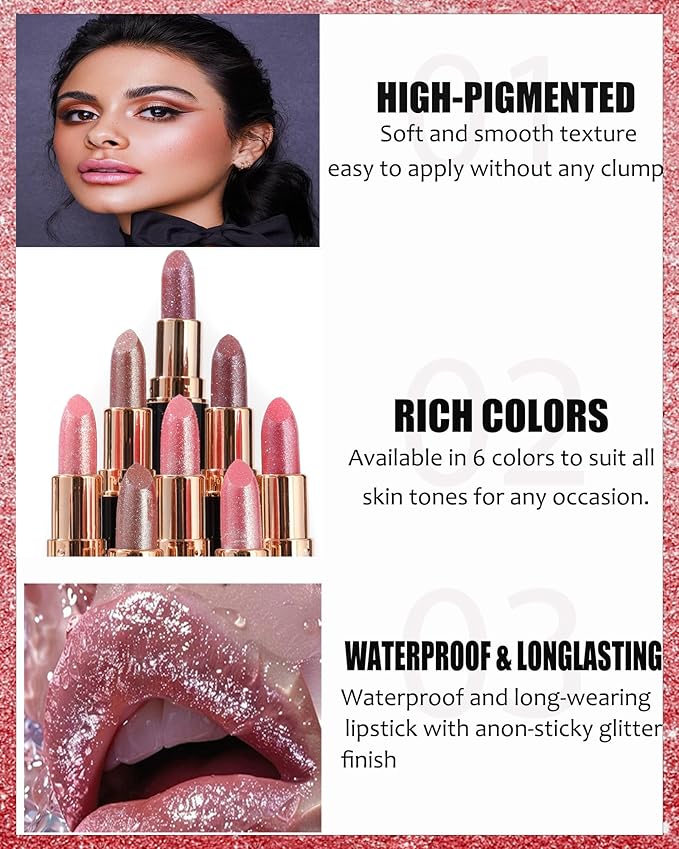 Metallic Glitter Lipstick Set Long Lasting,3 Pcs Diamond Shimmer Lip Gloss Pink Brown Red Rose Red Matte Lip Stick for Women,Sparkling Shiny Transfer Proof Non Stick Tinted Lip Balm Color Makeup-Set A