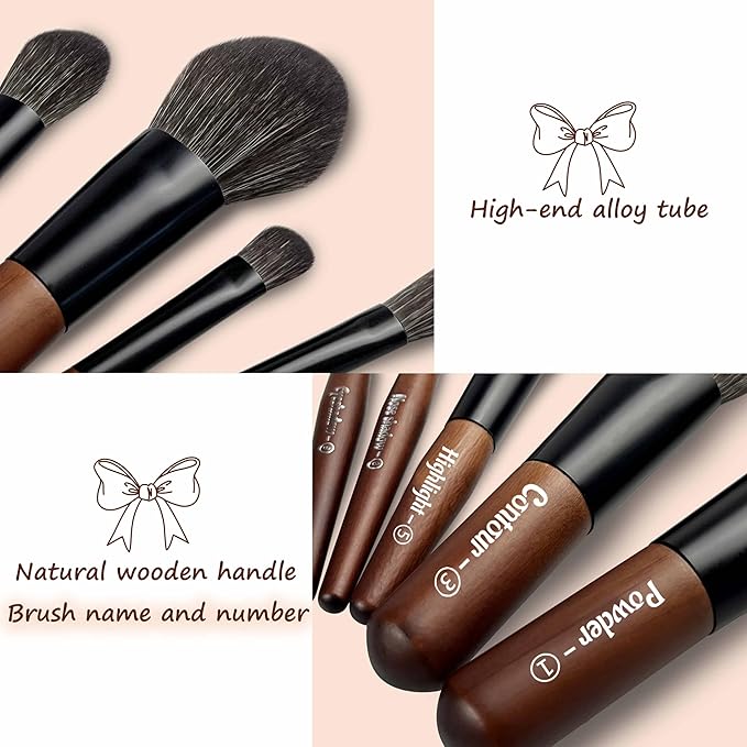 Jilier 14 pcs Mini Makeup Brushes and Pocket Mirror, Travel Makeup Brush Set, LED Compact Mirror with Light, Travel Size with Case, Portable for Handbag, Travel Essentials for Women