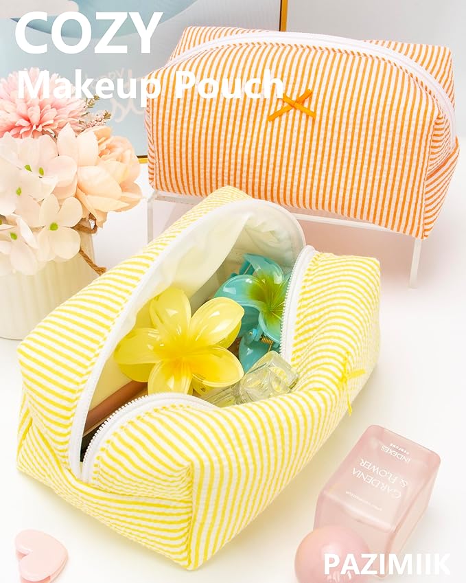 PAZIMIIK 6PCS Cozy Makeup Bag Small Aesthetic Travel Zipper Cosmetic Pouch for Women Make Up Beauty Accessories Brushes, Stripe Yellow