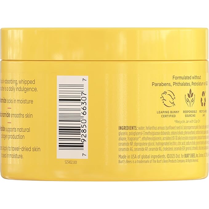 Burt's Bees Christmas Gifts, Boosted Body Whipped Butter With a Ceramide, Niacinamide and Peptide Complex, Quick-Absorbing Body Butter, Tropical Scented, 6.5 oz. Jar