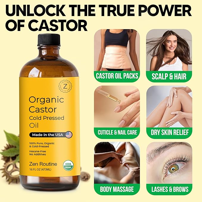 Zen Routine Organic Castor Oil (16oz Glass Bottle) Hexane Free – Hair Growth Oil, Eye Lashes & Stomach, 100% Cold Pressed Unrefined Pure for Castor Pack Wrap – USDA Certified, Made in the USA