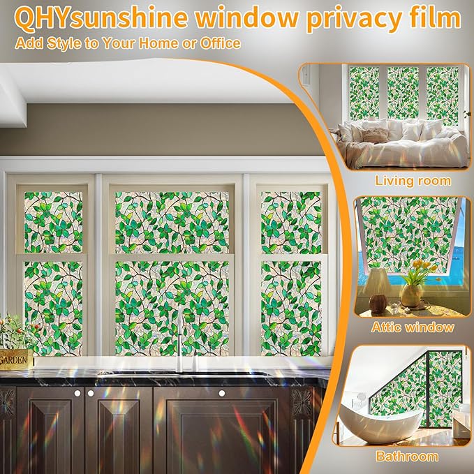 Stained Glass Window Privacy Film Decorative Rainbow Static Clings – Ideal for Home & Office, Adhesive-Free, Removable, UV-Blocking (Green Rainbow, 17.5 X 78.7 in)