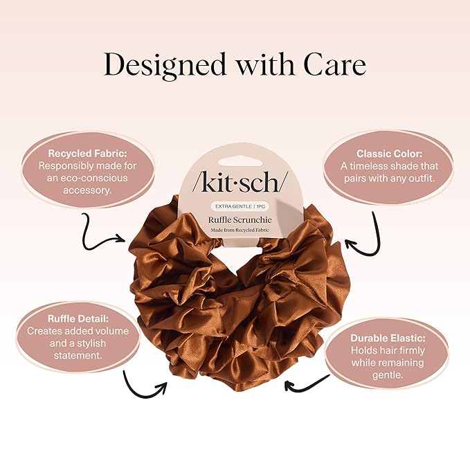Kitsch Recycled Satin Ruffle Scrunchie – Gentle Hair Scrunchie for Women, Eco-Friendly Hair Tie No Damage, Stylish Ponytail Holder | Ideal Gifts for Women - Camel