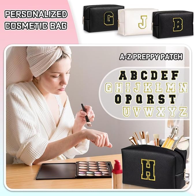 TOPEAST Cosmetic Travel Bags for Women, Preppy Small Makeup Bag, PU Leather Waterproof Toiletry Bag, Unique Friendship Gifts for Friends Coworker, Cute Stuff for Girls (Black R)