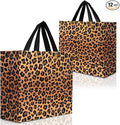 Nush Nush Large Brown Leopard Gift Bags – Set of 12 Reusable Cheetah Gift Bags With Handles - Large Goody Bag for Women, Jungle Safari Themed Party, Birthday Party Favors, Girl Parties - 11x5x13