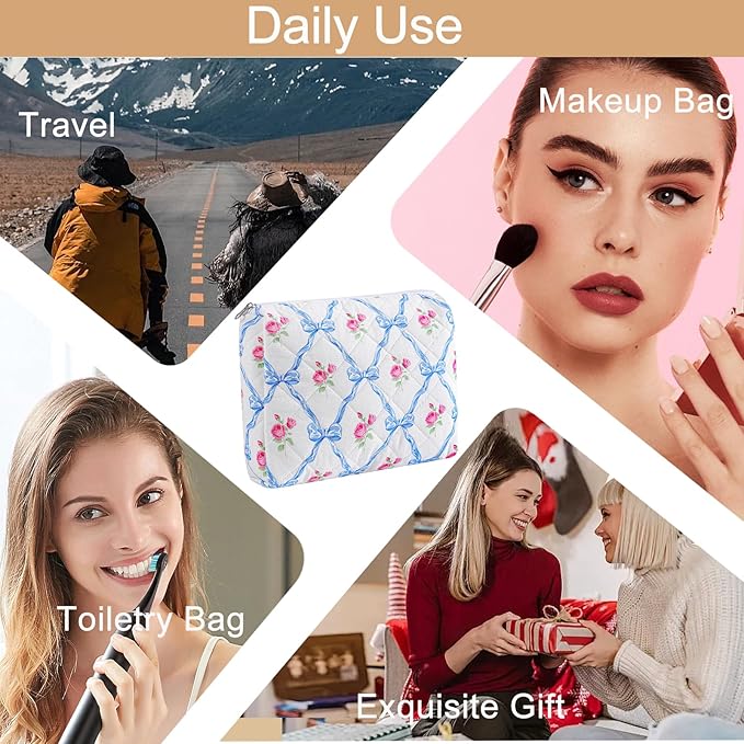 Makeup Bag Travel Cosmetic Bag for Women Girls, Zipper Make Up Pouch, Floral Flowers Toiletry Organizer Makeup, Portable Storage Cosmetic Travel Cloth Bag (L/Blue Bowknot)