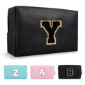 Personalized Initial A-Z Preppy Patch Makeup Bag,Small PU Chenille Letter Cosmetic Bag with Zipper for Teen Girls,Black Cute Toiletry Organizer Bag,Monogram Makeup Case Gift for Women Girls,Letter Y