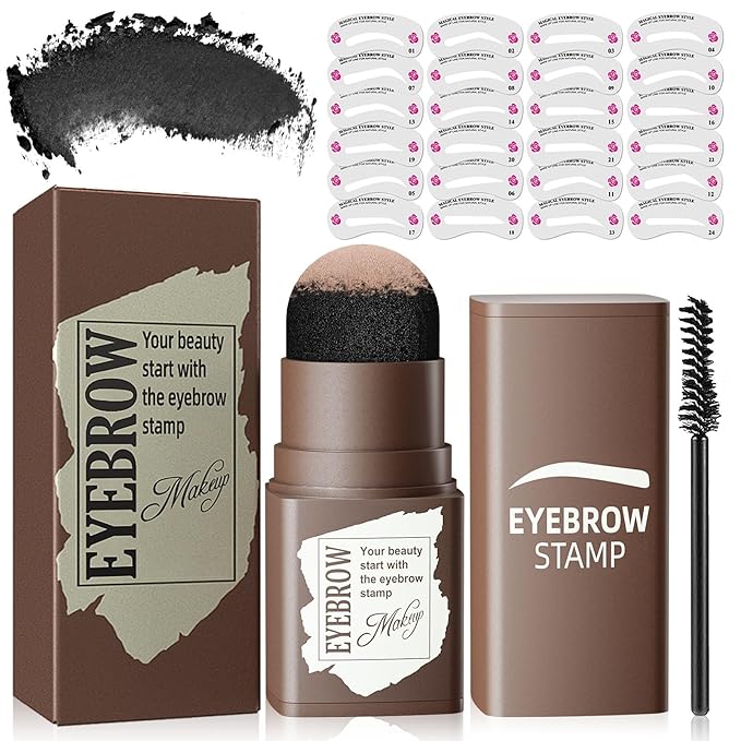 Eyebrow Stamp Stencil Kit - Eyebrow Powder with Brush Long-Lasting & Waterproof Brow Shaping Kit with 24 Reusable Thin & Thick Eyebrow Stencils for Natural Eyebrow Color (Black)