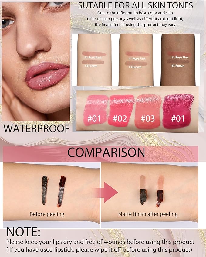 Peel Off Tattoo Lip Liner Stain Lip Gloss Combo Sets, 2 Colors Rose Pink Brown Matte Lip Liner and Nourishing Lip Gloss Tint Stain Kit, Long Lasting Waterproof Non Sticky Liquid Lipstick Makeup-Set 02